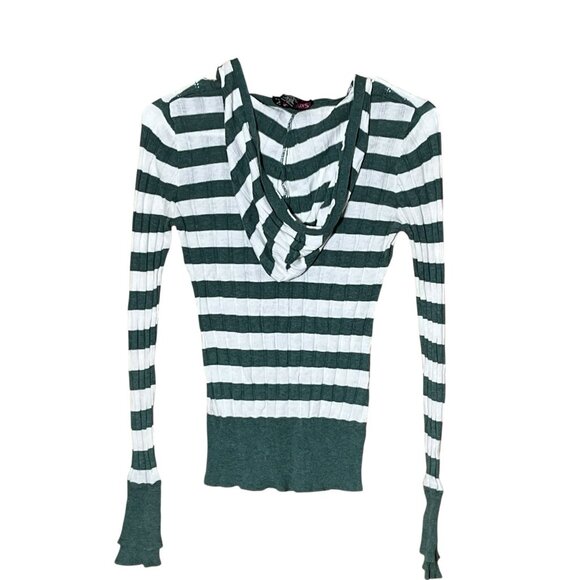 VTG Y2K Say What? Wm's Cotton Long Sleeve Hood V Neck Stripe Pullover Sz L Bella - Picture 4 of 5